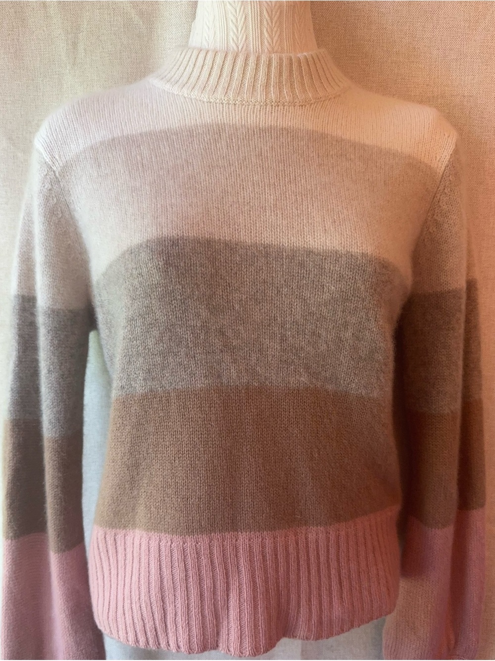 🌸 100% Cashmere • FILORO • Blush Oatmeal Colorblock Mock Neck Sweater M